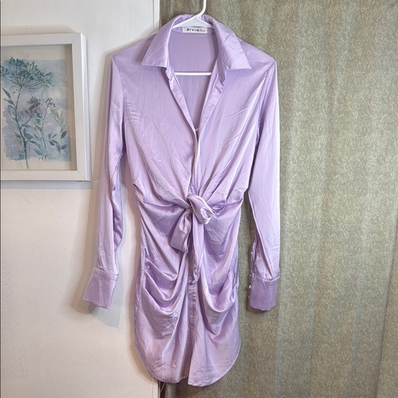 Rivir Lavender Satin Tie-Front Dress size M - Picture 2 of 11
